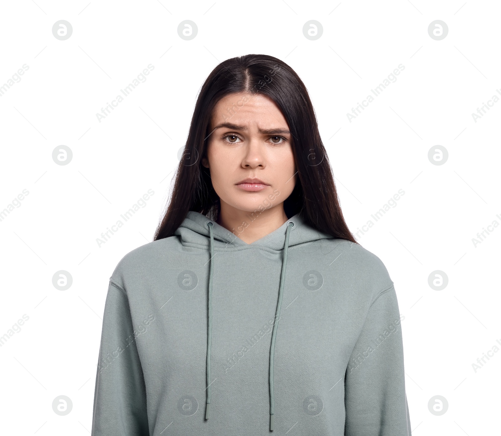 Photo of Sadness. Unhappy woman in hoodie on white background