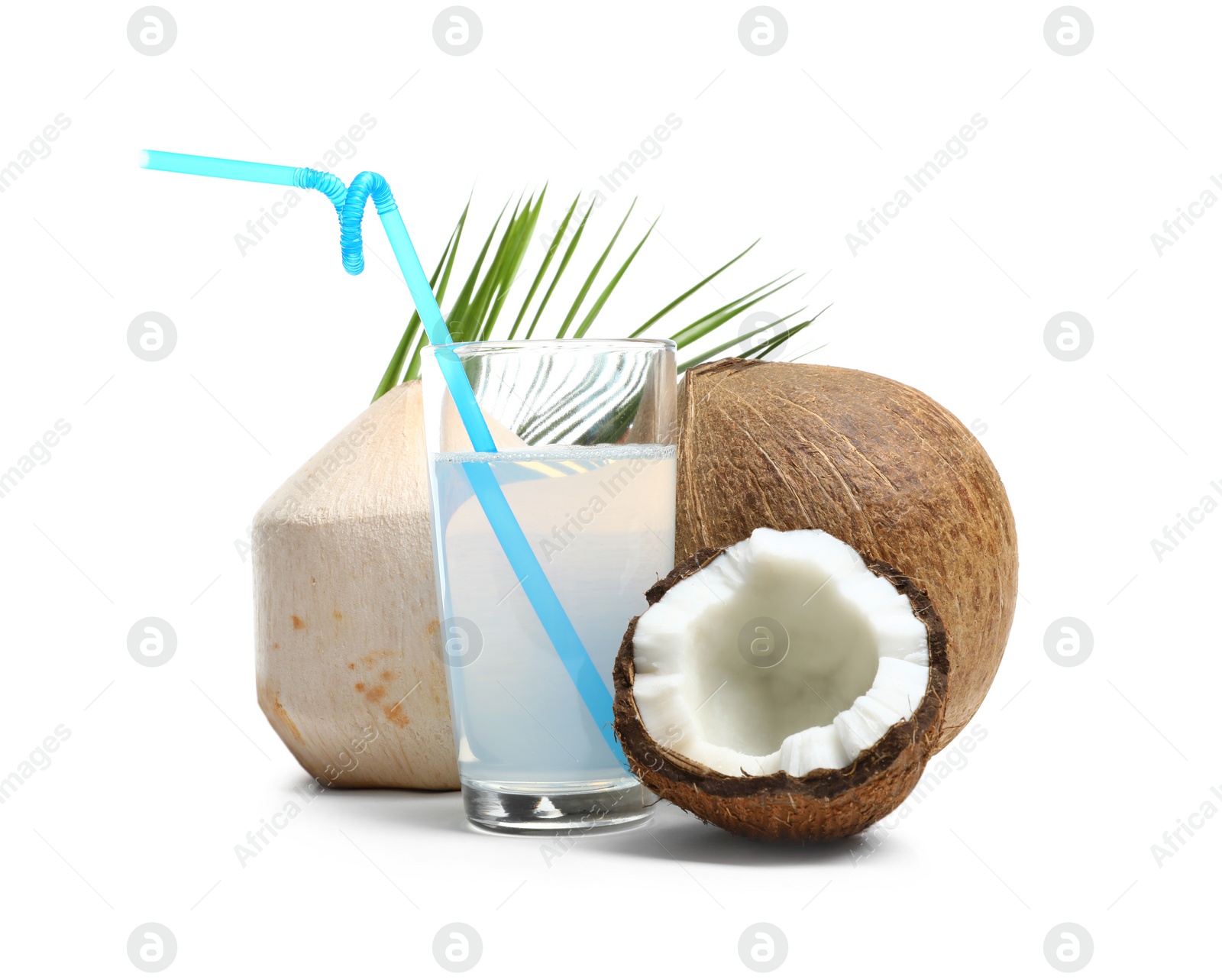 Photo of Glass of coconut milk and nuts on white background