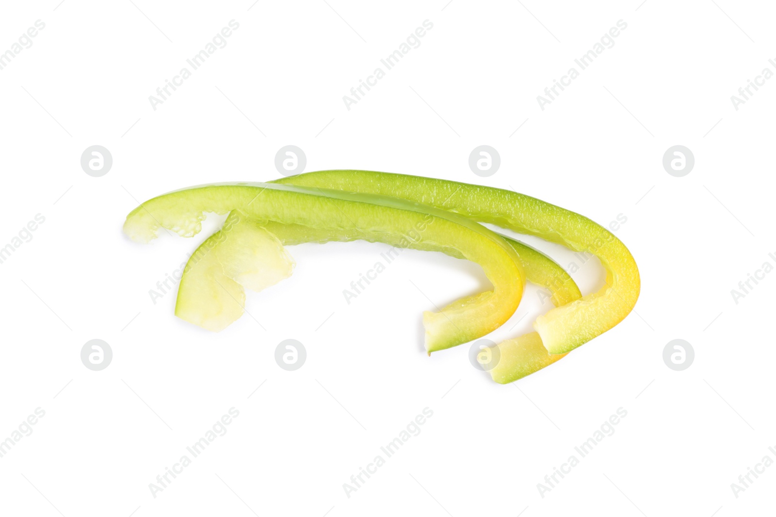 Photo of Cut fresh green bell pepper isolated on white, top view