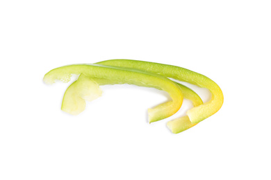 Photo of Cut fresh green bell pepper isolated on white, top view