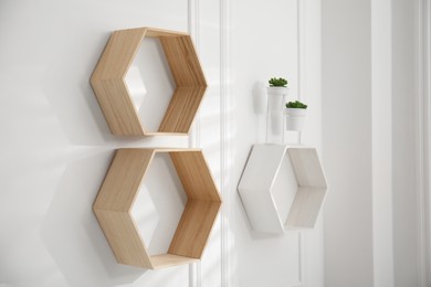 Photo of Honeycomb shaped shelves with plants on white wall