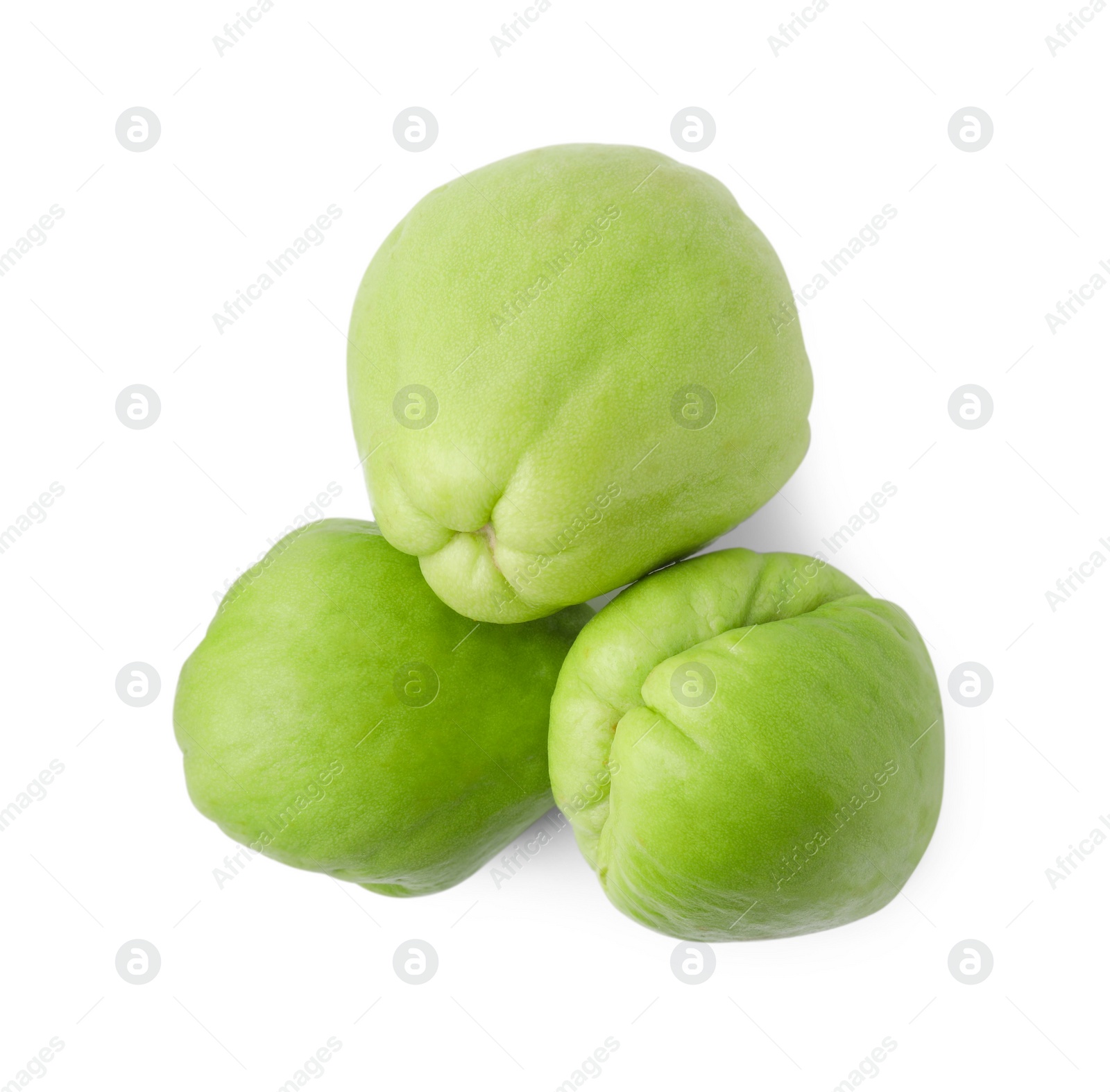 Photo of Many fresh green chayote isolated on white, top view