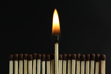 Burning match among unlit ones on black background, closeup