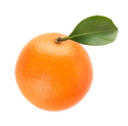 Photo of Fresh orange with green leaf on white background. Healthy fruit