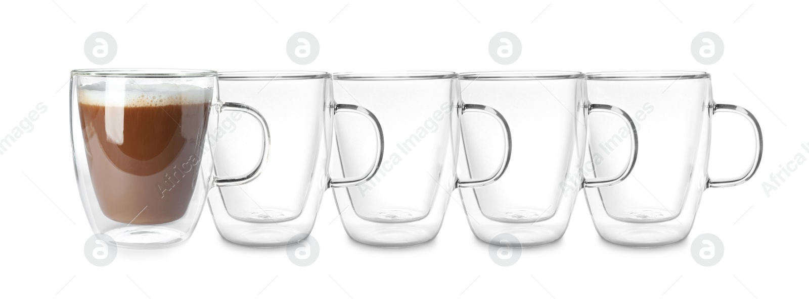 Image of Empty glass cups and one with aromatic coffee on white background. Banner design