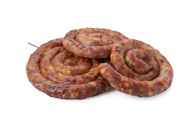 Photo of Rings of delicious homemade sausage isolated on white