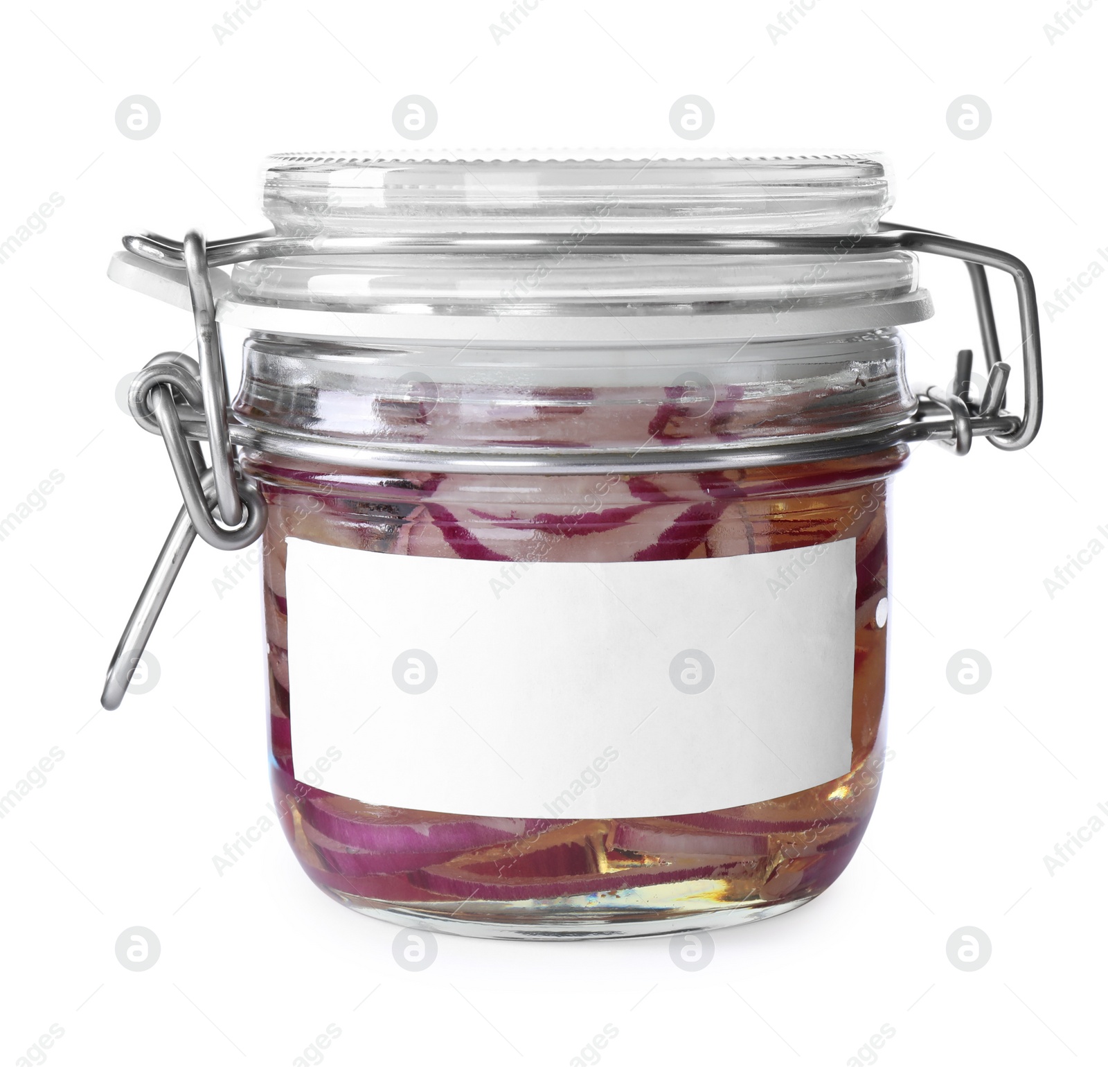 Photo of Jar of pickled onions with blank label isolated on white