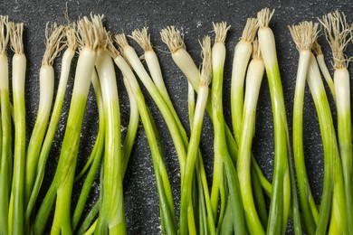 Photo of Fresh green onion on black table, flat lay