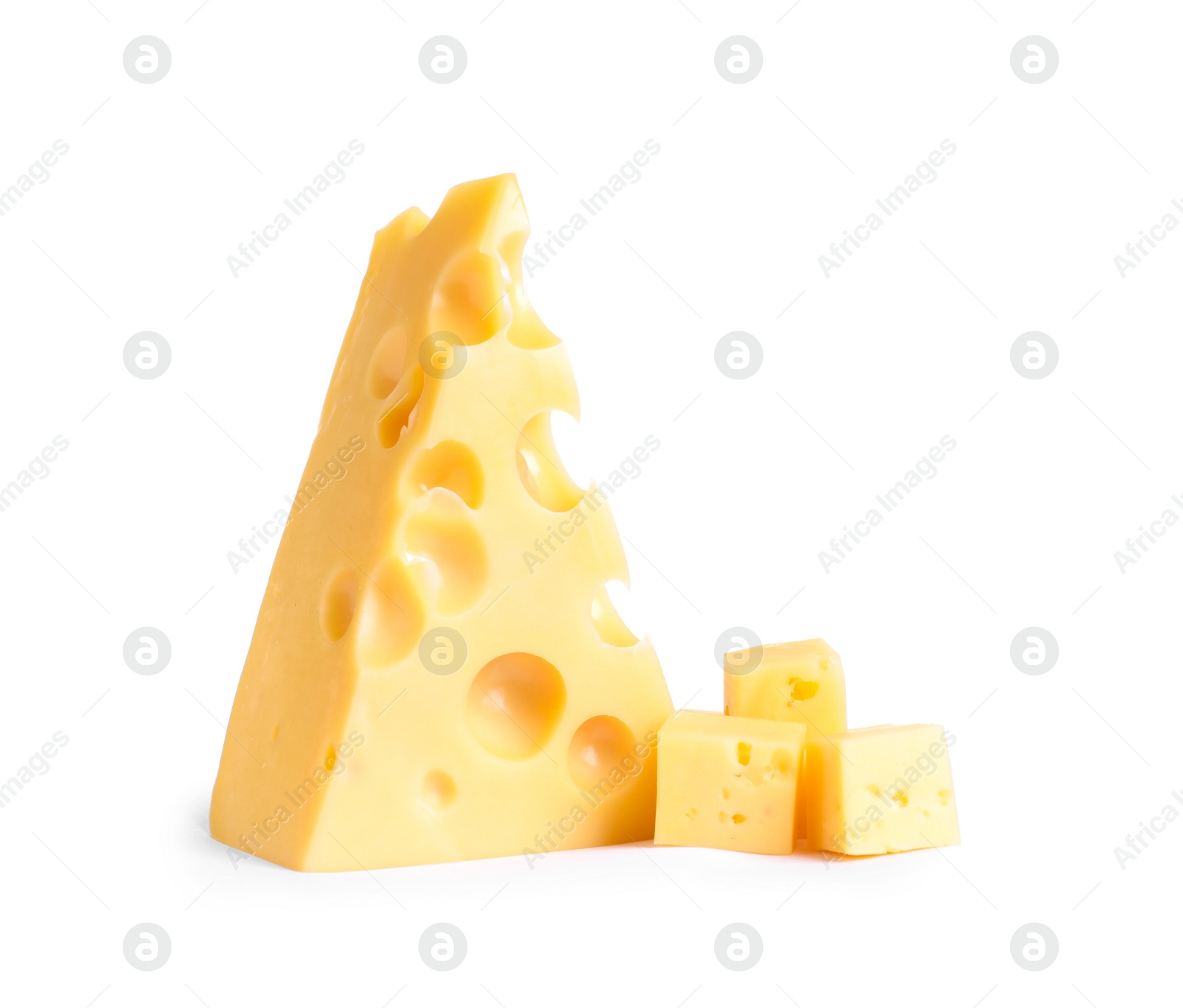 Photo of Pieces of cheese with holes on white background