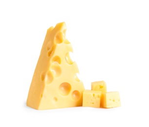 Photo of Pieces of cheese with holes on white background