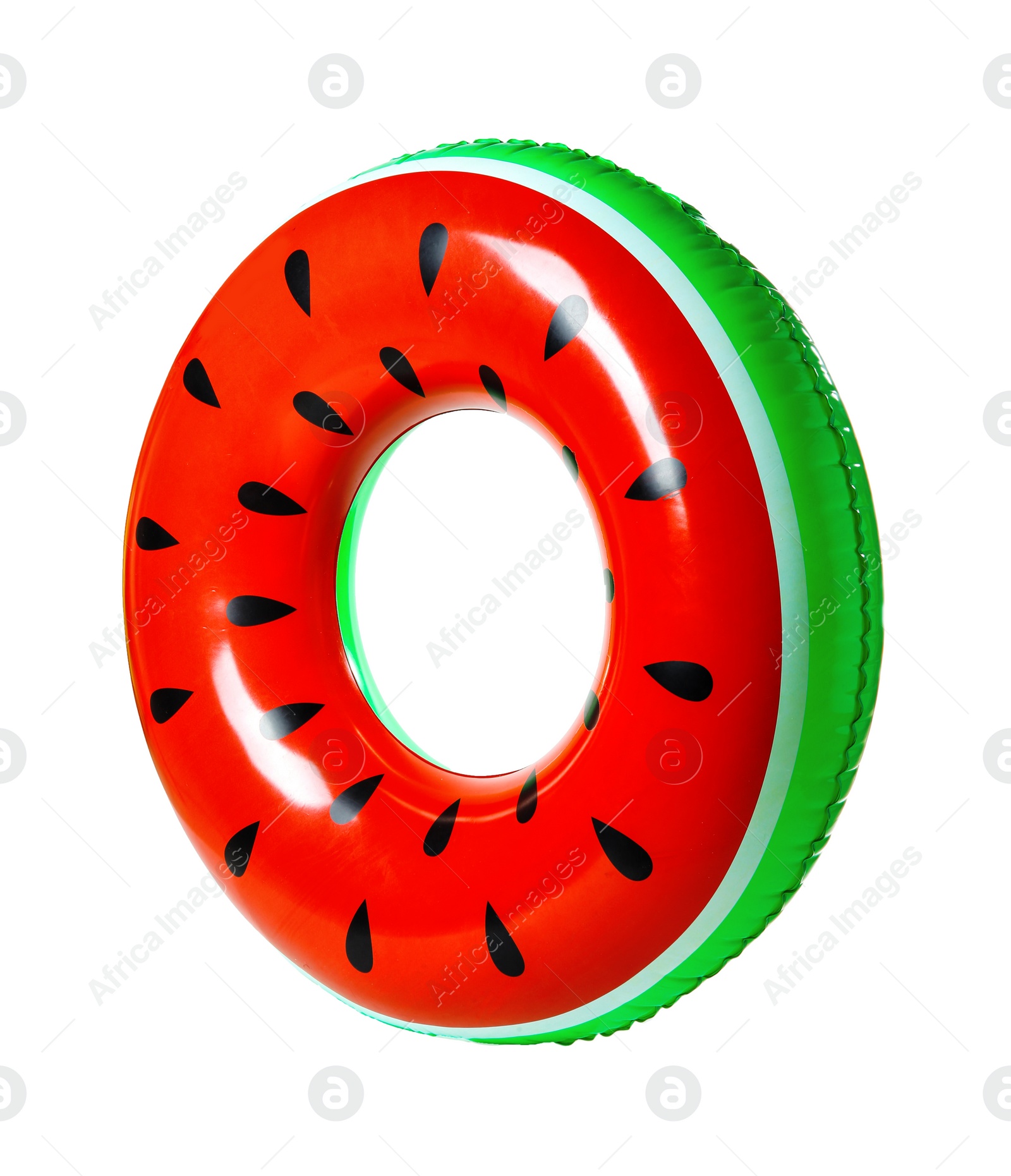 Photo of Bright inflatable ring on white background. Summer holidays