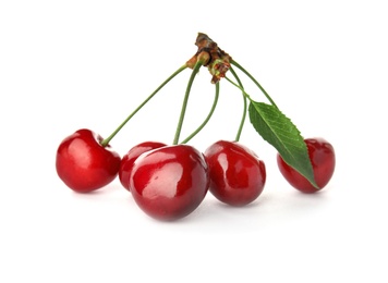 Sweet red cherries with leaf on white background