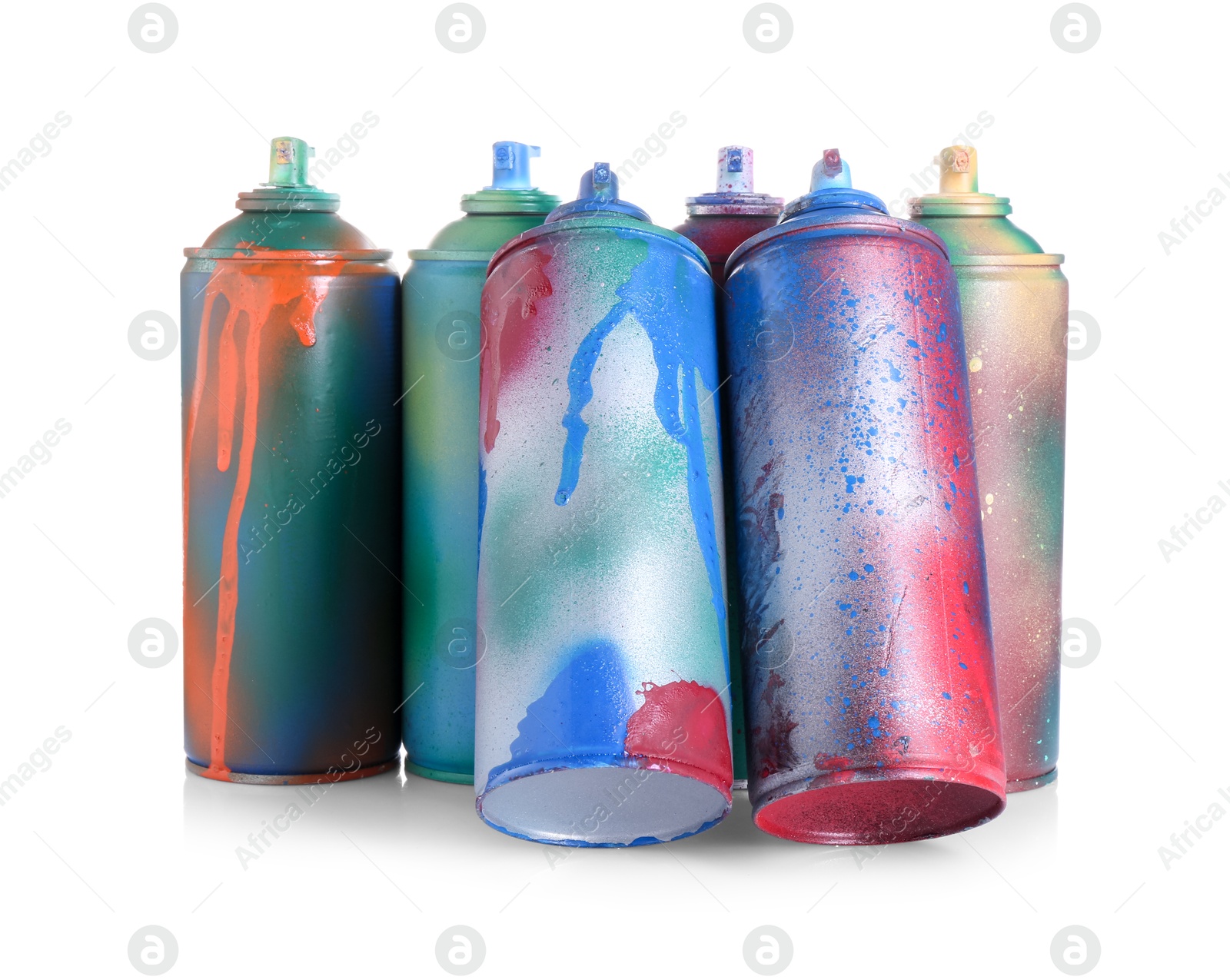 Photo of Many spray paint cans isolated on white