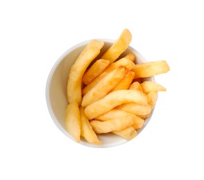 Photo of Bowl with tasty French fries on white background, top view
