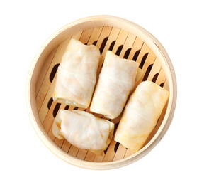 Photo of Bamboo steamer with delicious cabbage rolls isolated on white, top view