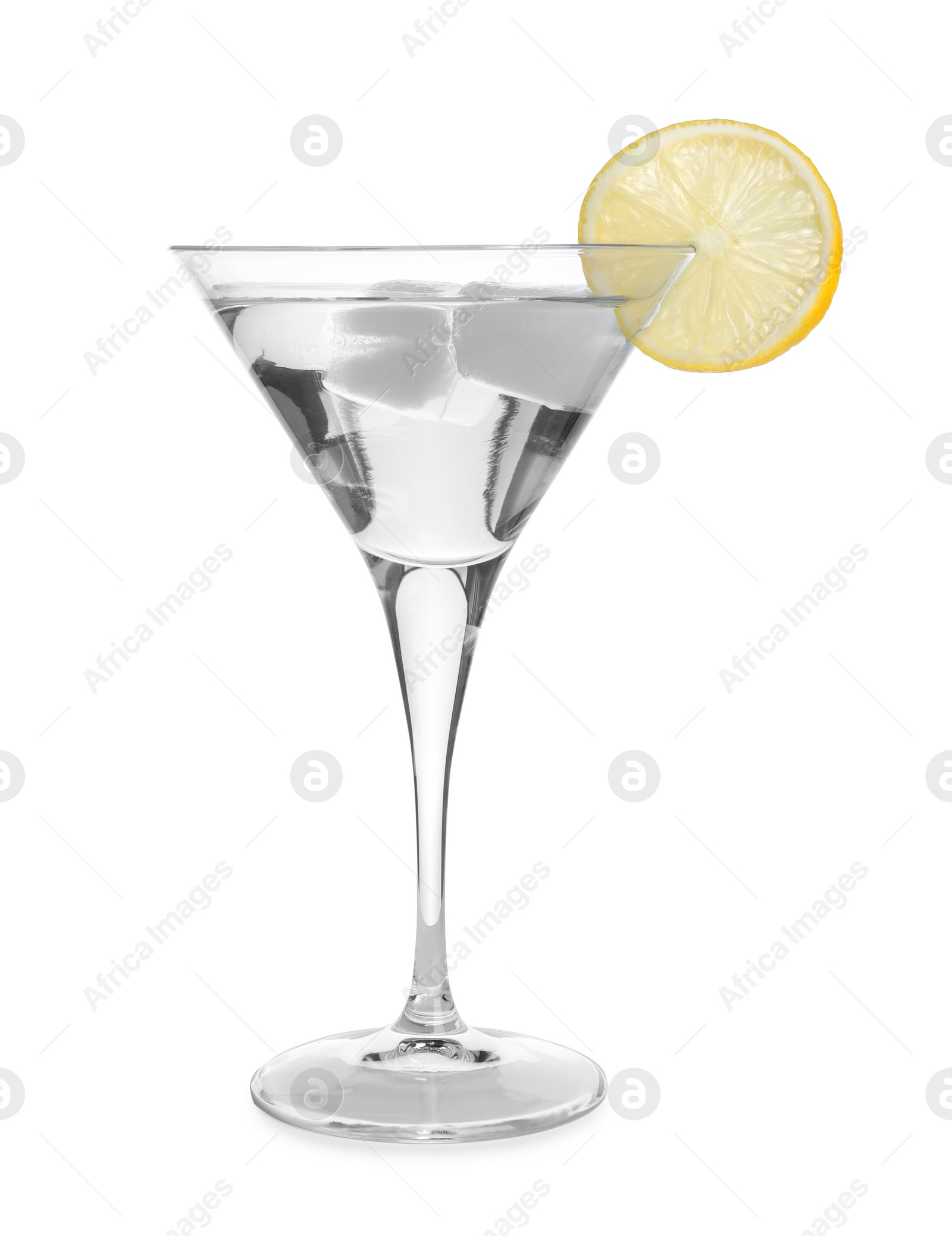 Photo of Martini glass of refreshing cocktail with lemon and ice cubes isolated on white