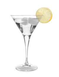 Martini glass of refreshing cocktail with lemon and ice cubes isolated on white