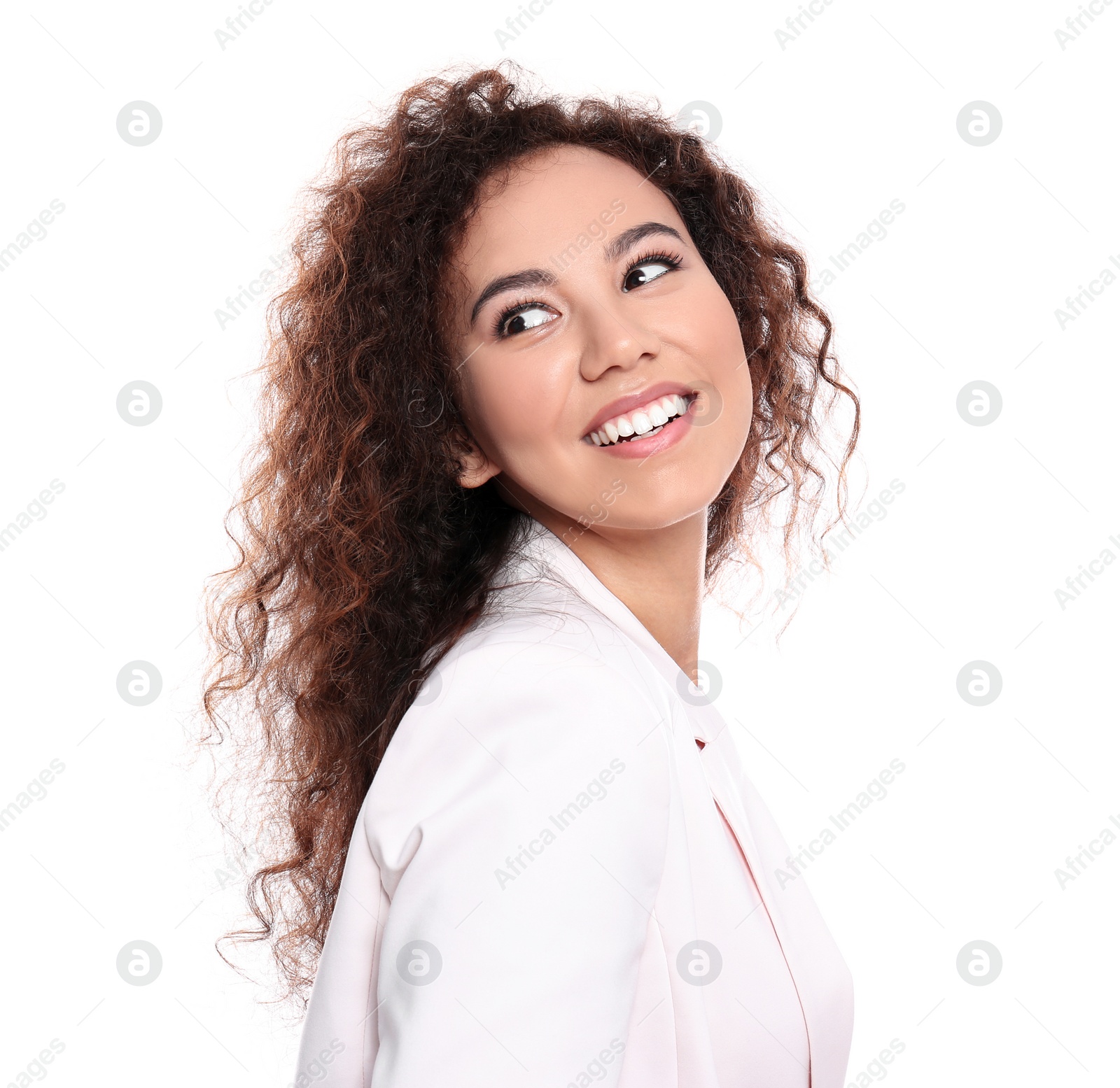 Photo of Young African-American woman with beautiful face on white background