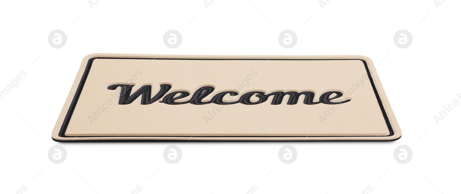 Photo of Beige doormat with word Welcome isolated on white