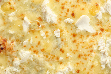 Delicious hot cheese pizza as background, closeup