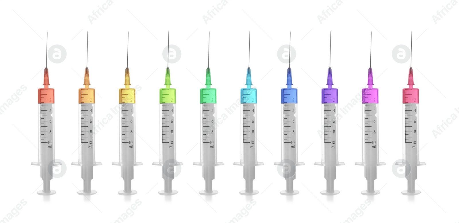 Image of Disposable syringes with needle and multicolored medicine on white background, collage. Banner design