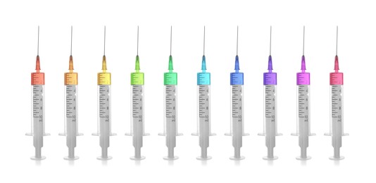 Disposable syringes with needle and multicolored medicine on white background, collage. Banner design