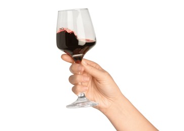 Woman with glass of wine isolated on white, closeup