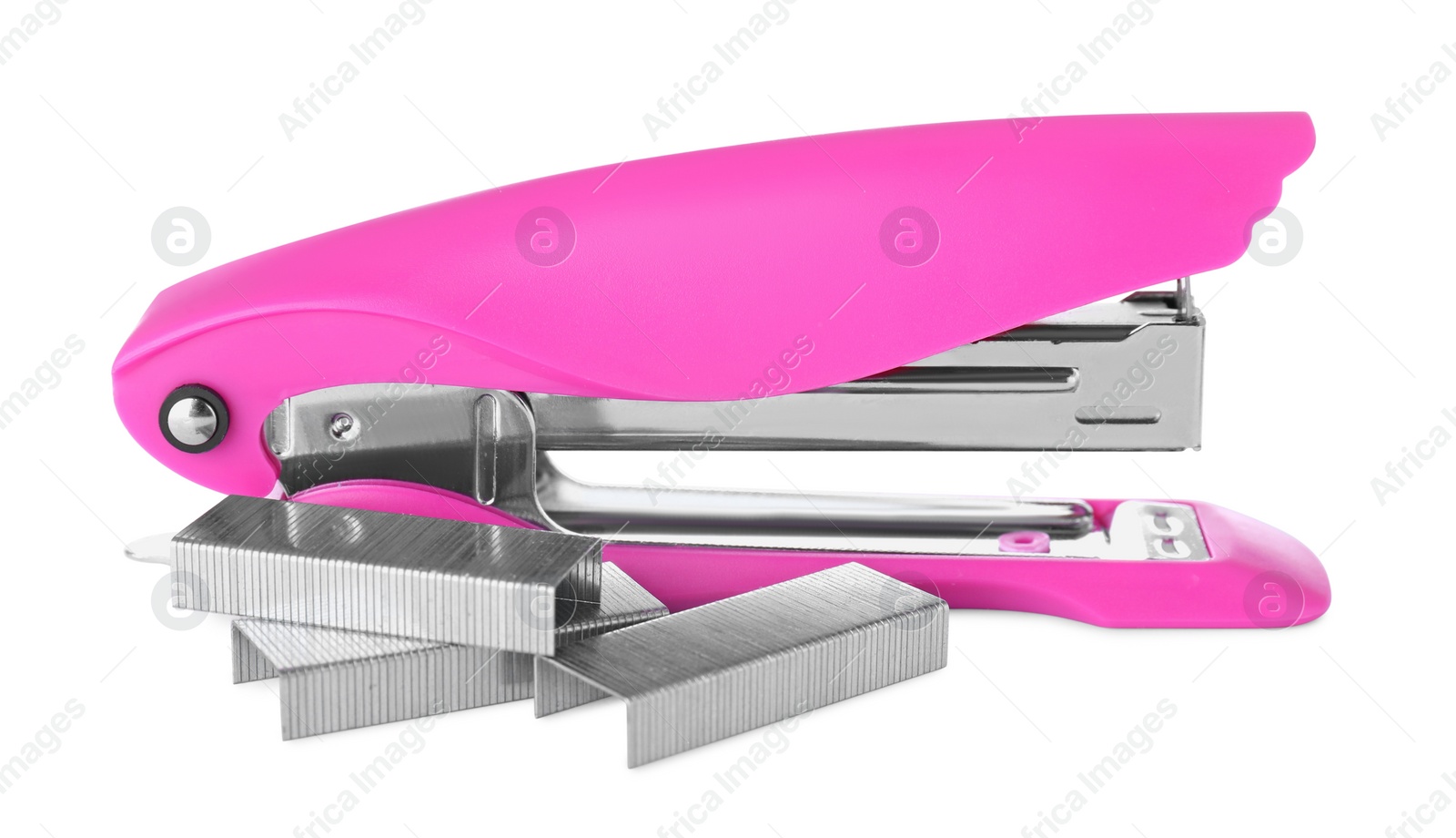 Photo of Bright pink stapler with staples isolated on white