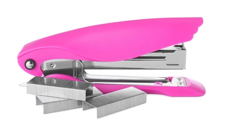 Photo of Bright pink stapler with staples isolated on white