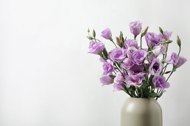 Photo of Eustoma flowers in vase on white background, space for text