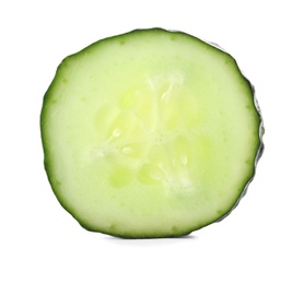 Photo of Slice of fresh cucumber on white background