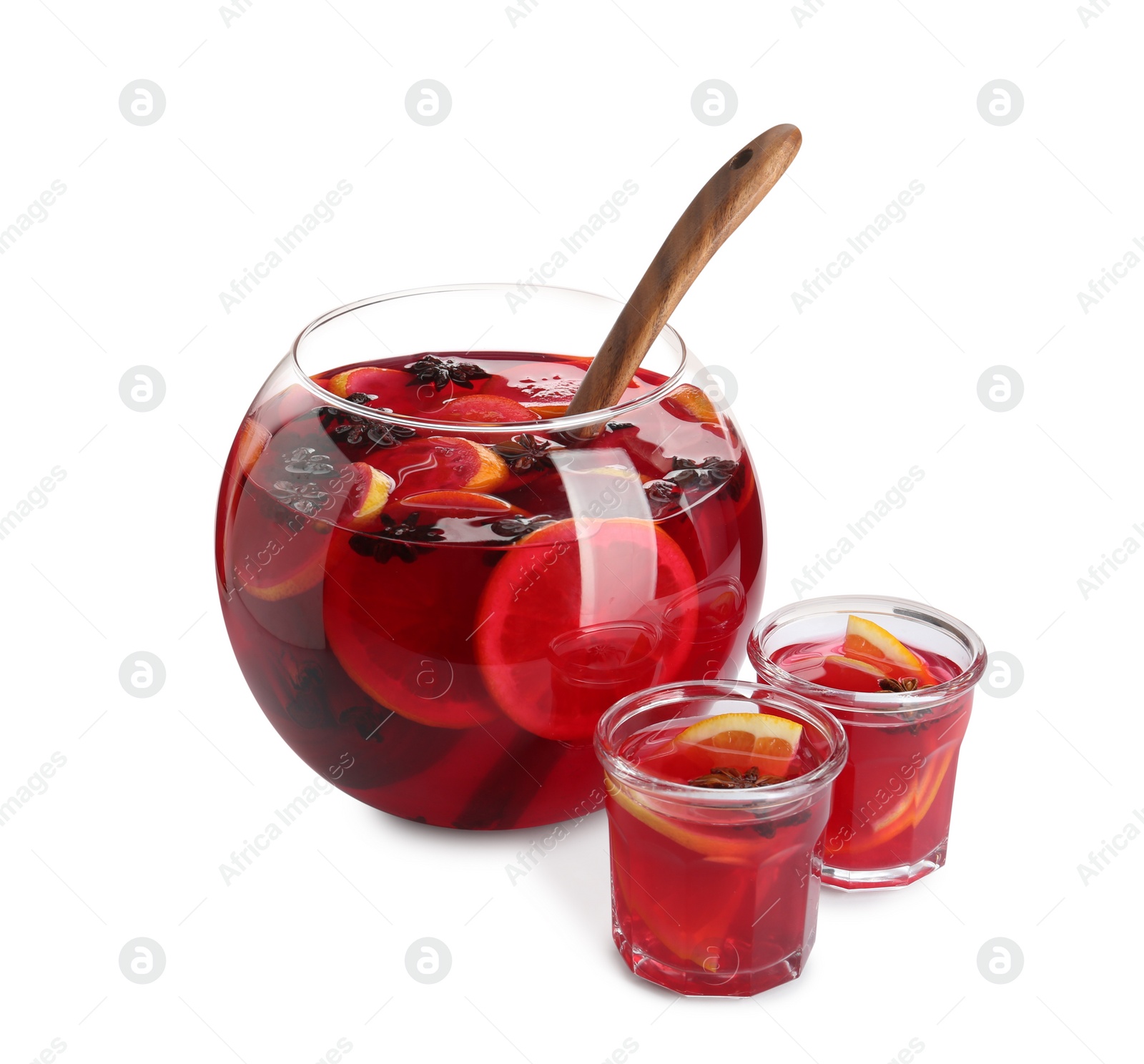 Photo of Glasses and bowl of delicious aromatic punch drink on white background