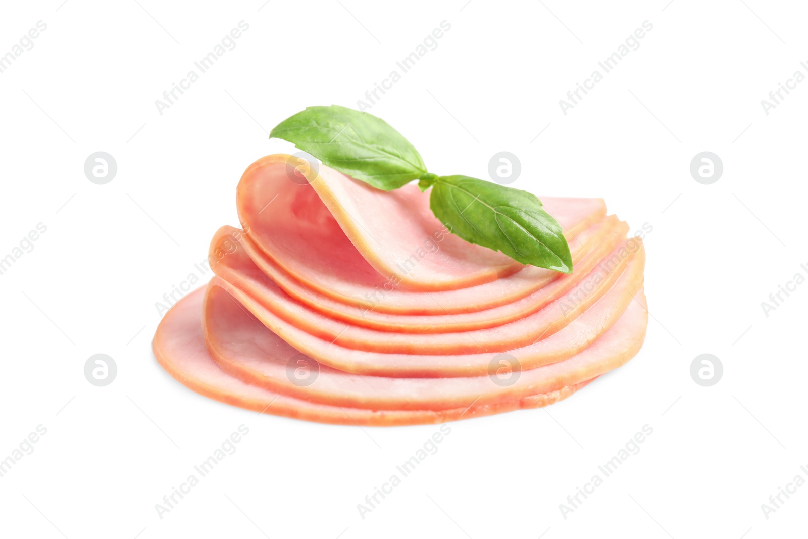 Photo of Slices of tasty fresh ham with basil isolated on white