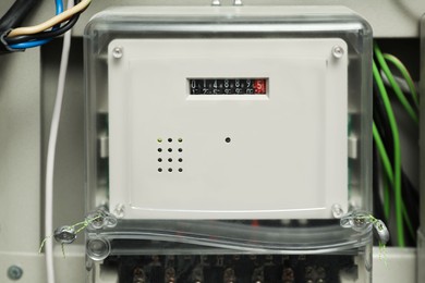 Electric meter and wires in fuse box, closeup