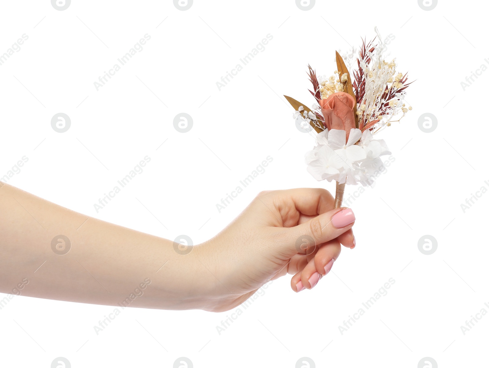 Photo of Woman holding stylish boutonniere on white background, closeup