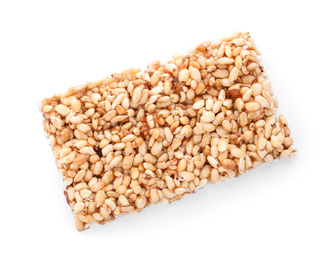 Photo of Bar of delicious rice crispy treat isolated on white, top view