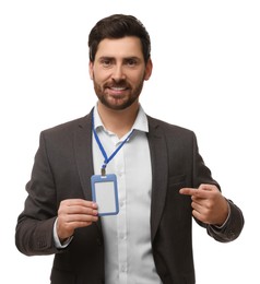 Smiling man showing VIP pass badge on white background