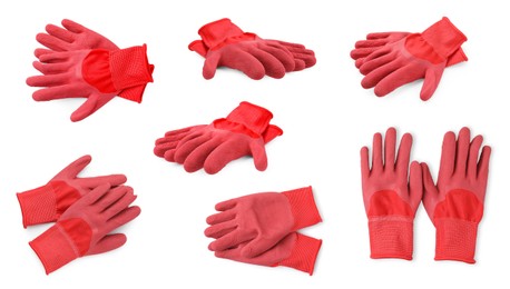 Image of Red gardening gloves isolated on white, set