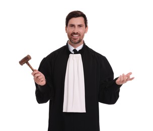 Photo of Smiling judge with gavel on white background