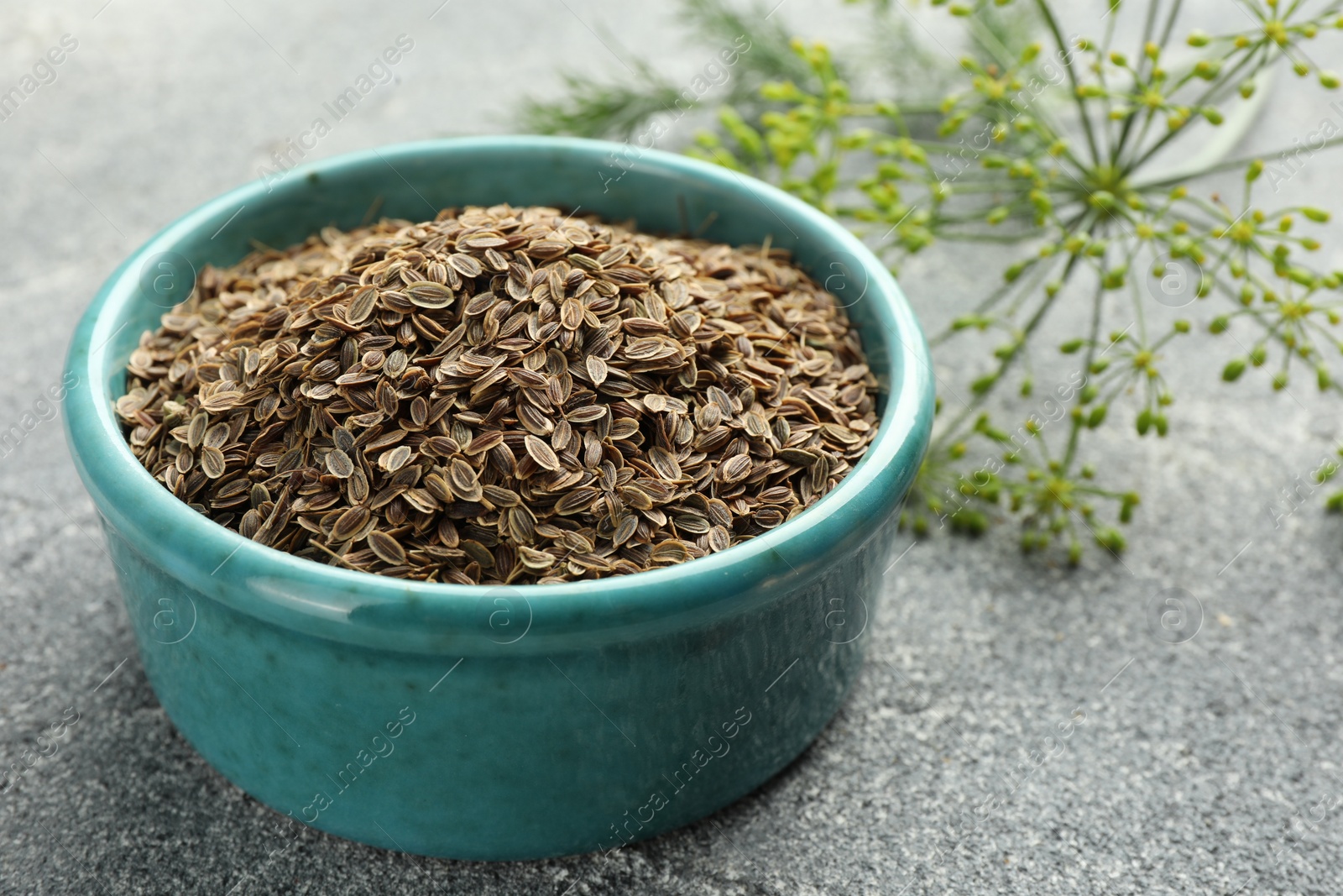 Photo of Bowl of dry seeds and fresh dill on grey table, closeup