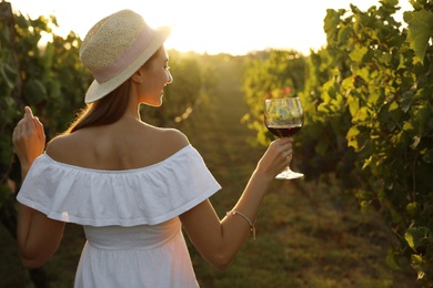 Beautiful young woman with glass of wine in vineyard on sunny day, back view