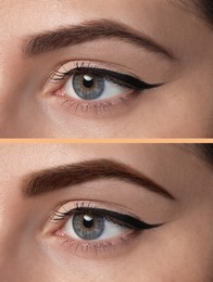 Collage with photos of woman before and after eyebrows dyeing with henna, closeup