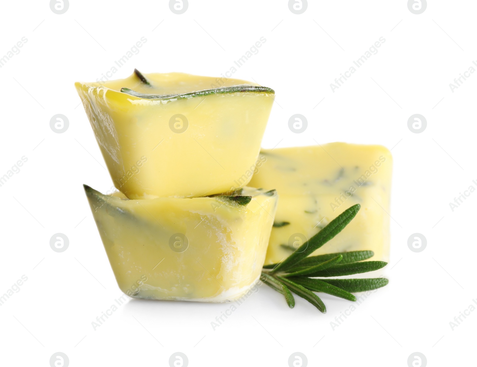 Photo of Olive oil ice cubes with rosemary on white background