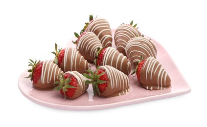 Photo of Heart shaped plate with delicious chocolate covered strawberries isolated on white