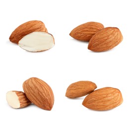 Set with tasty almond nuts on white background 