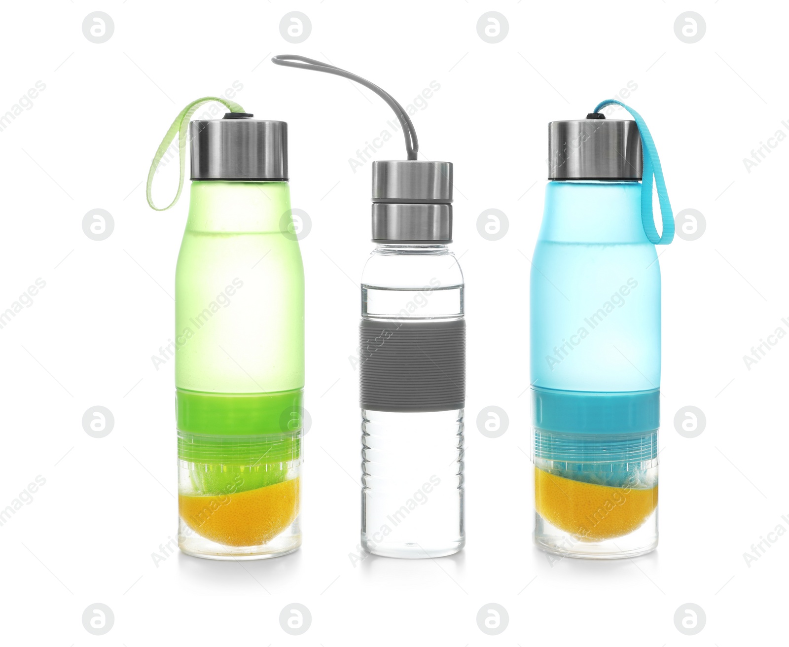 Photo of Different water bottles for sports on white background