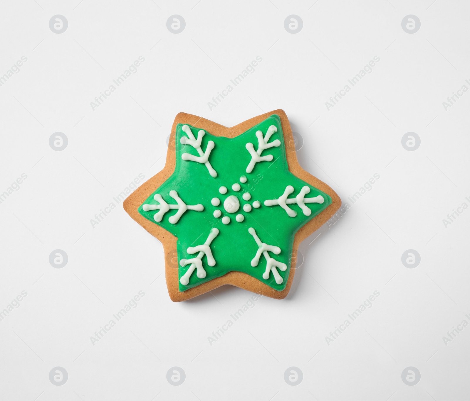 Photo of Tasty homemade Christmas cookie on white background, top view