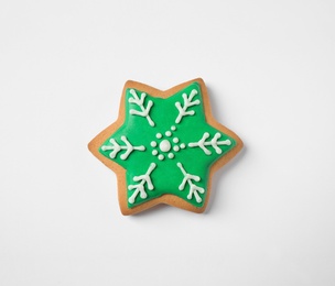 Tasty homemade Christmas cookie on white background, top view