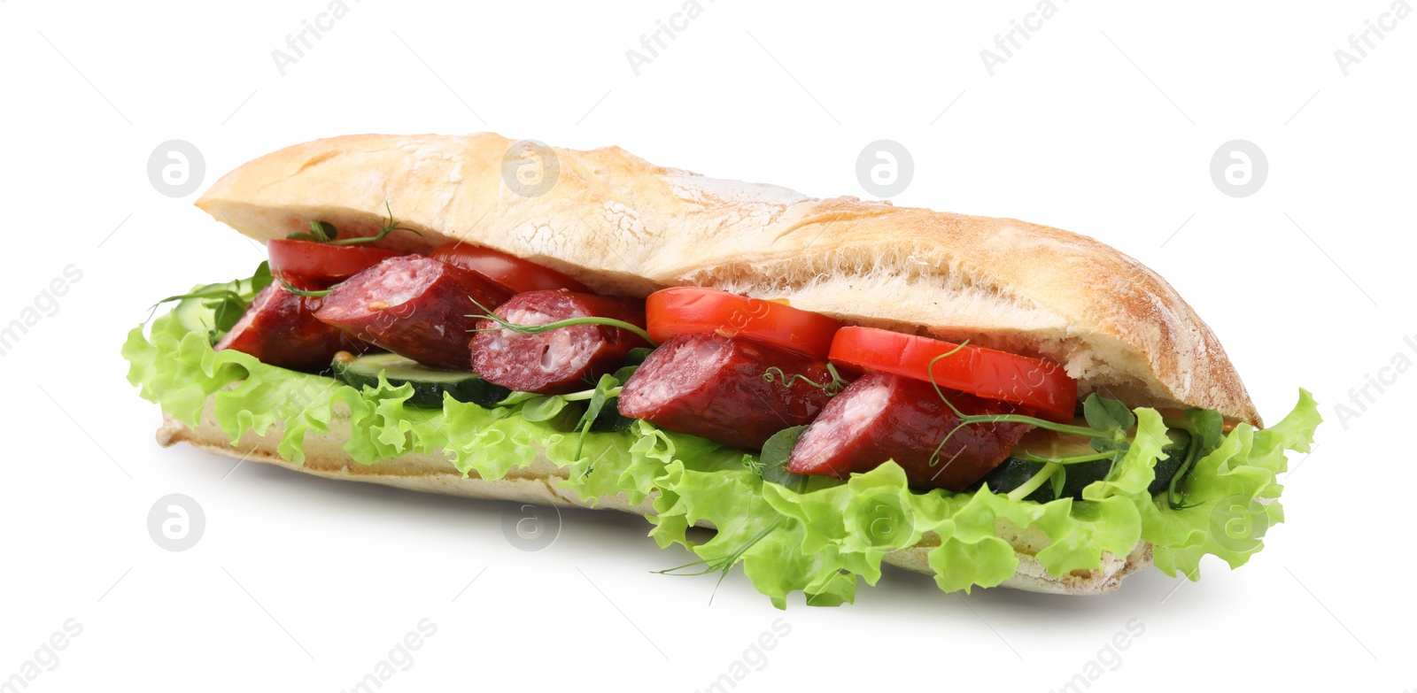 Photo of Delicious sandwich with sausages and vegetables isolated on white