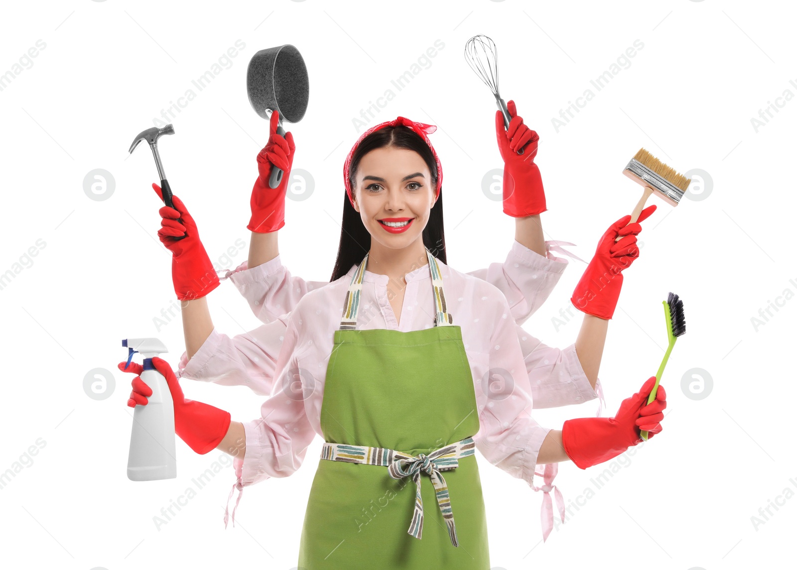 Image of Multitask housewife with many hands holding different stuff on white background